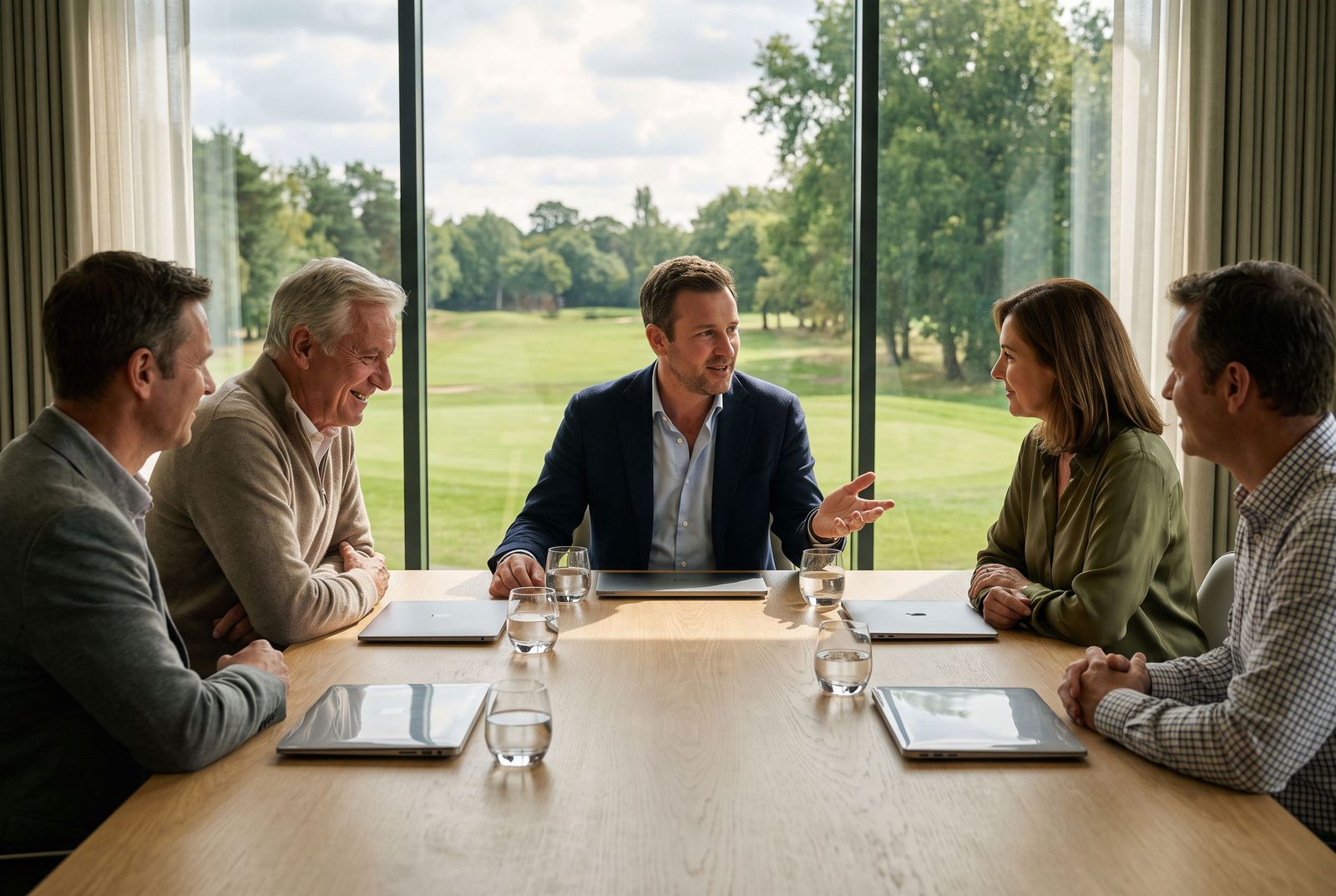 A club finance committee in discussion around a meeting table beside a window onto the course.