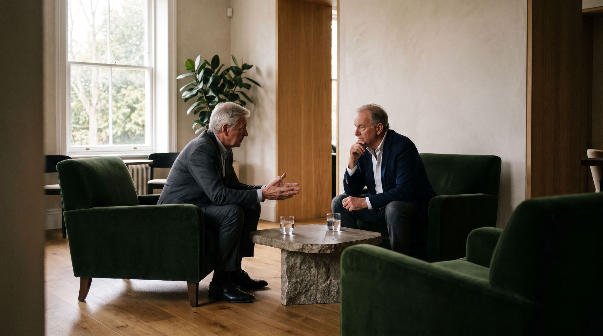 Two senior club leaders in conversation in a quiet clubhouse lounge.