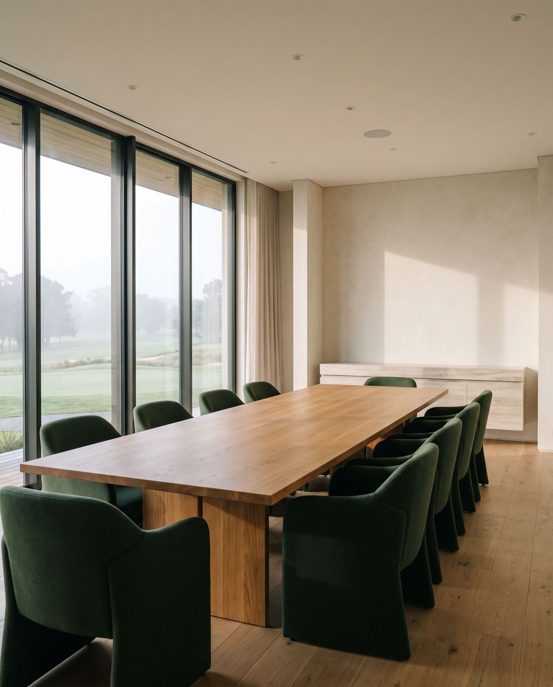 A quiet clubhouse boardroom in the morning light.