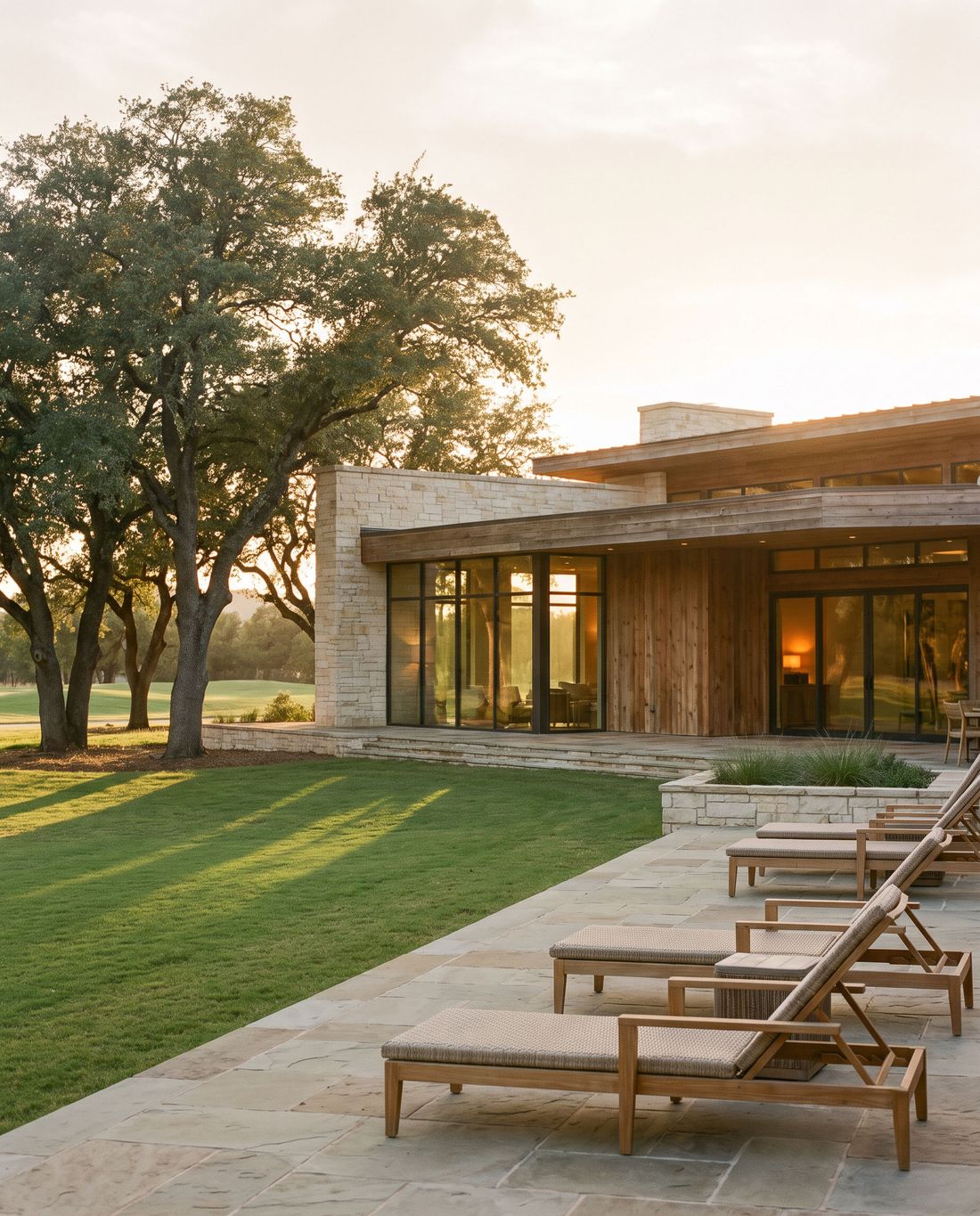 A modern clubhouse exterior at golden hour.