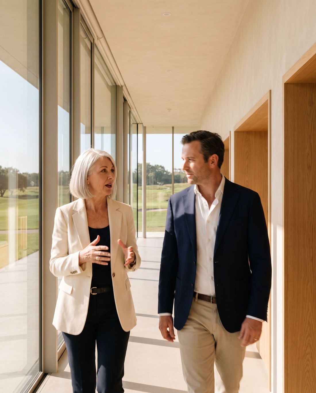 A finance committee chair and a fractional CFO walking through the clubhouse in conversation.