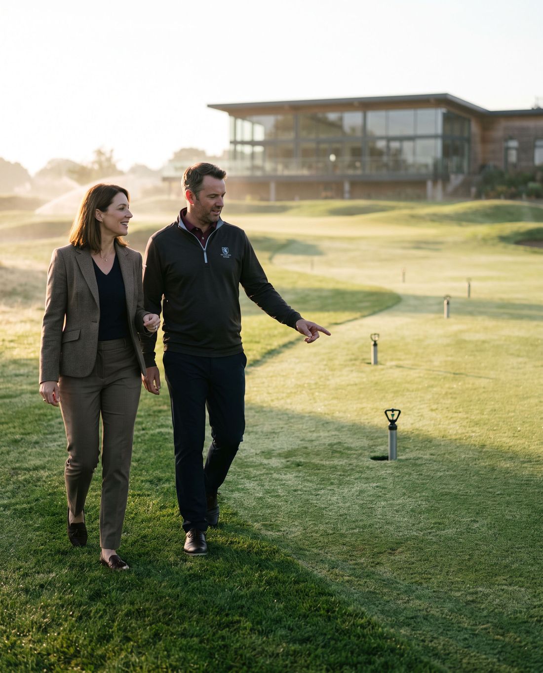 A course superintendent and a club CFO walking a fairway at dawn.