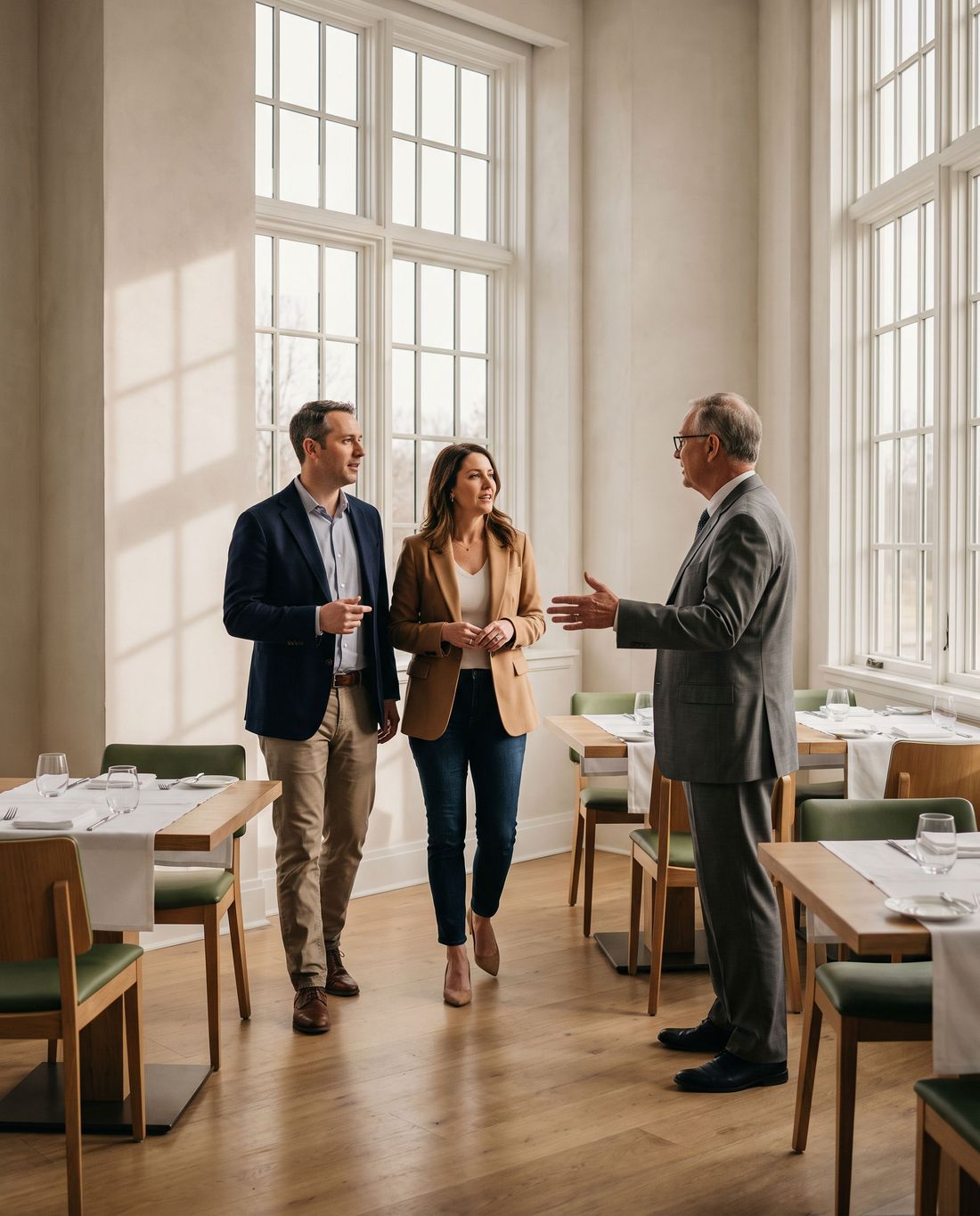 Two finance professionals touring the clubhouse dining room with the general manager.