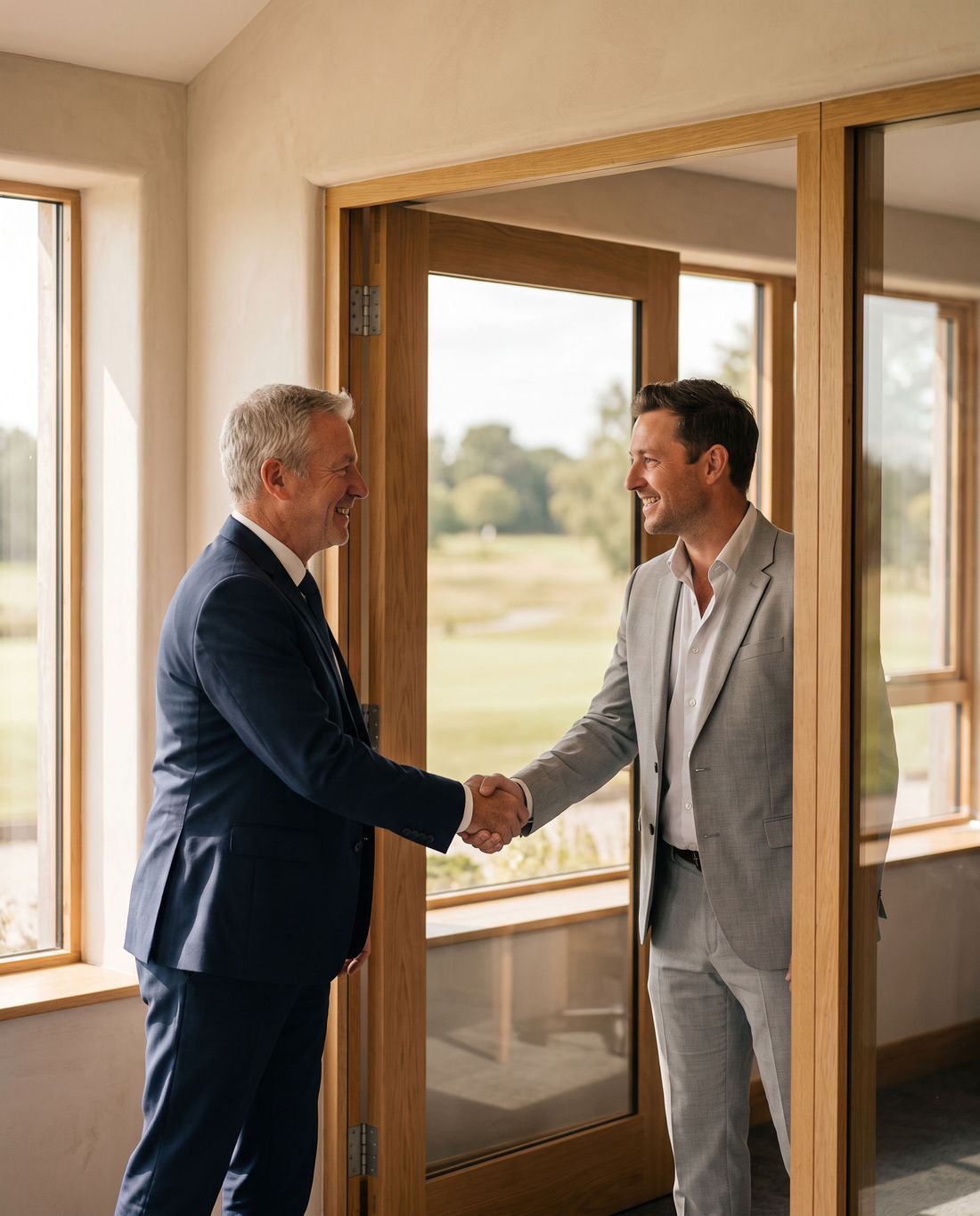 A general manager welcoming a new director of finance with a handshake.