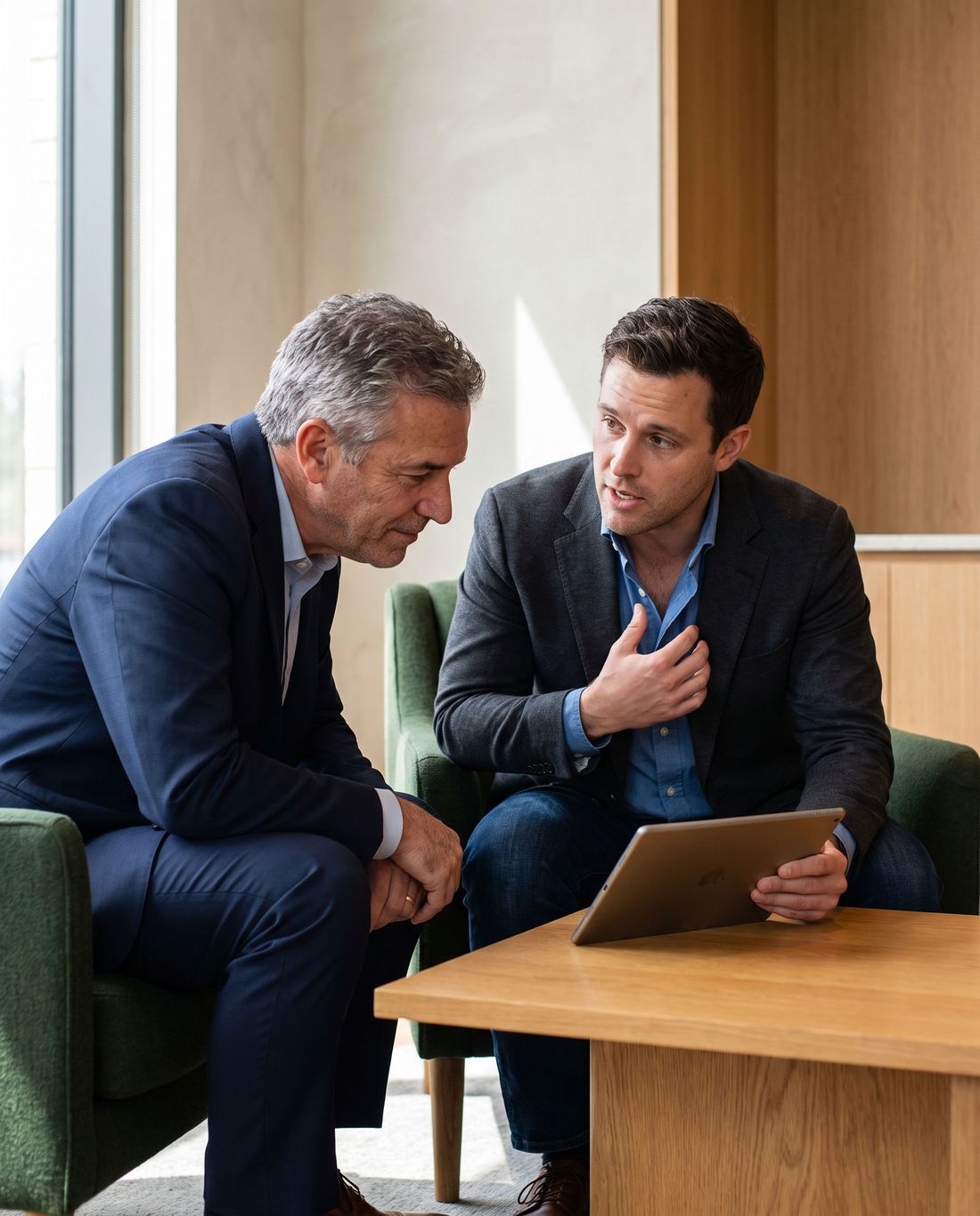 A general manager and a finance partner reviewing figures together in the clubhouse lounge.